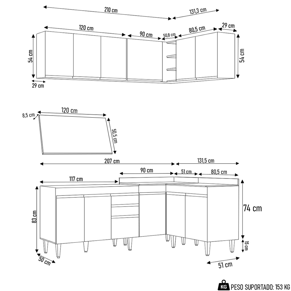 Armário de Cozinha Modulado de Canto 7 Peças CP19 Balcão sem Tampo Branco - Lumil