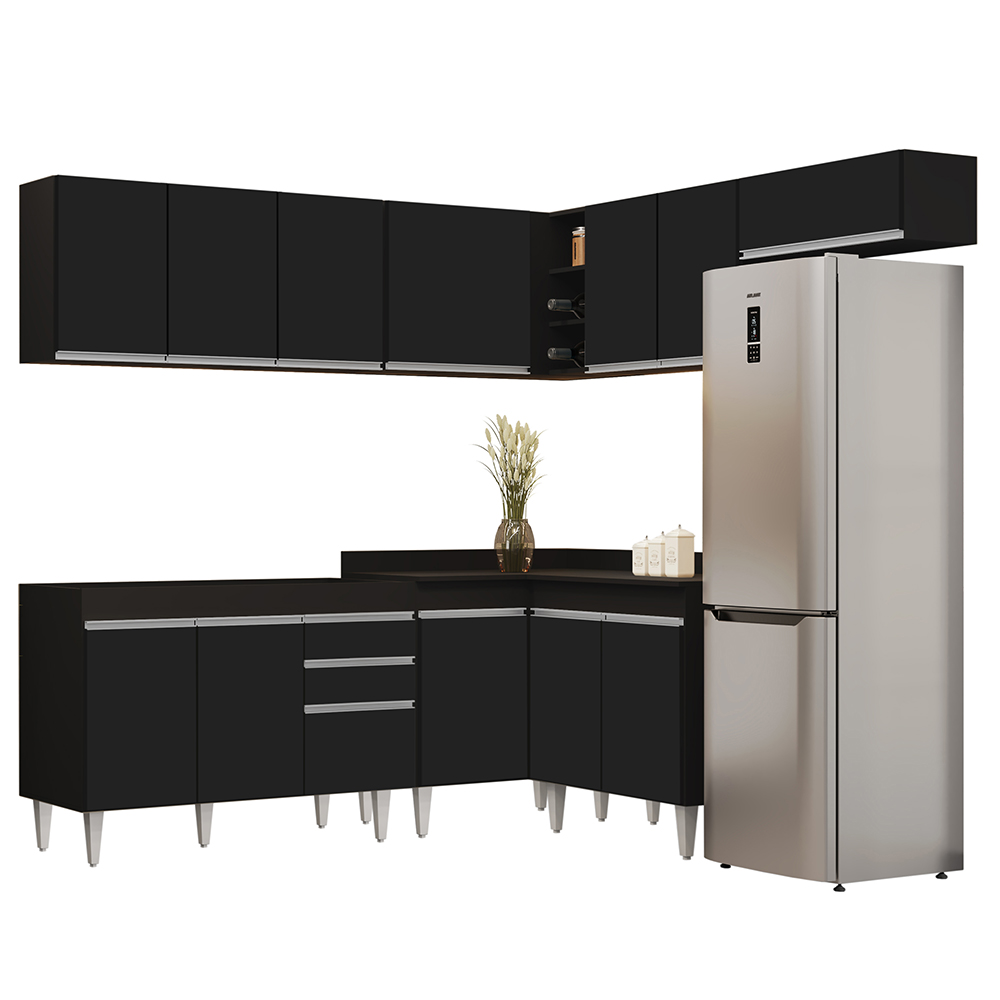 Armário de Cozinha Modulado de Canto 7 Peças CP19 Balcão sem Tampo Preto - Lumil