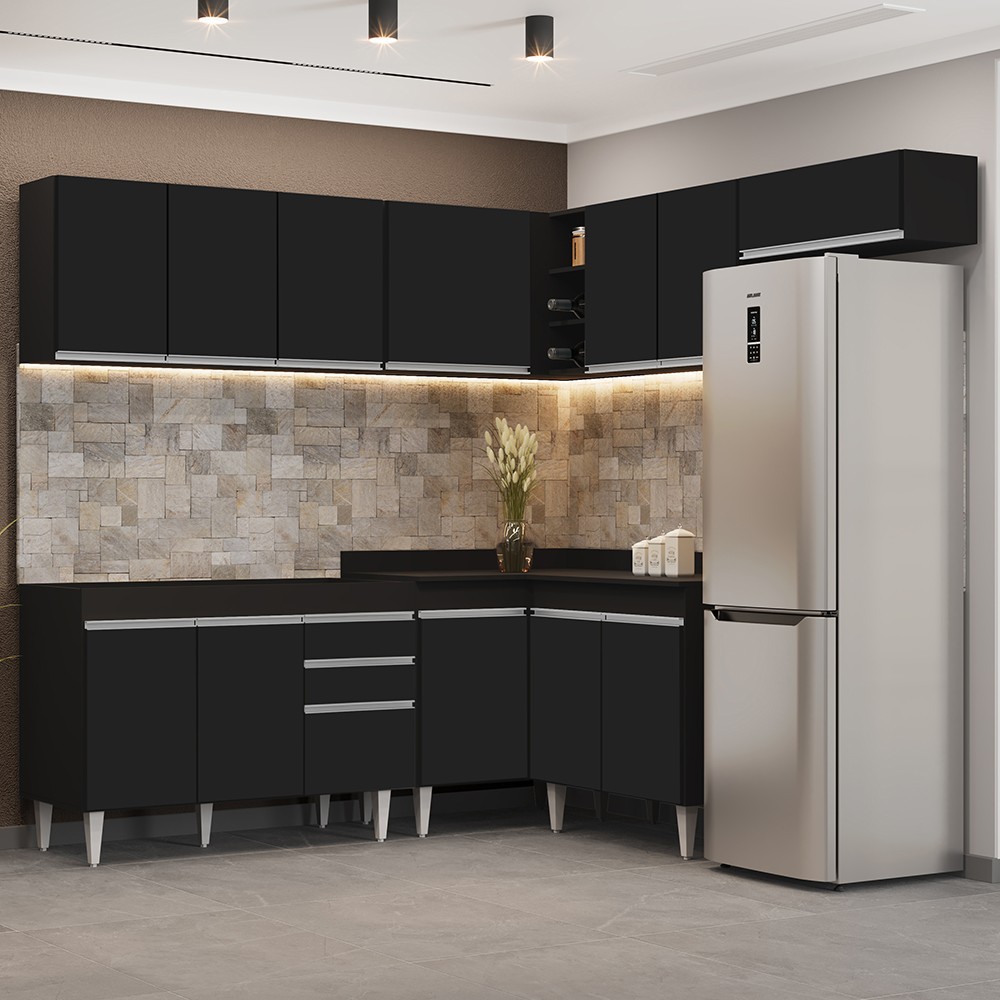 Armário de Cozinha Modulado de Canto 7 Peças CP19 Balcão sem Tampo Preto - Lumil