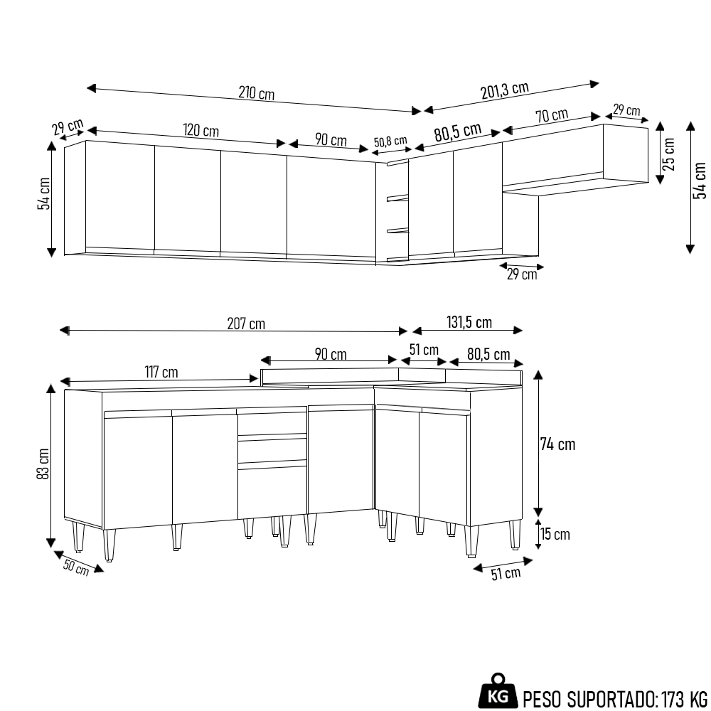 Armário de Cozinha Modulado de Canto 7 Peças CP19 Balcão sem Tampo Preto - Lumil