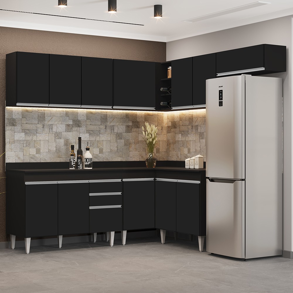 Armário de Cozinha Modulado de Canto 7 Peças CP20 Balcão com Tampo Preto - Lumil