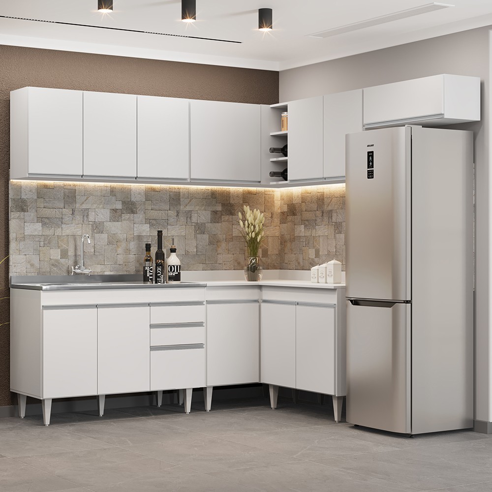 Armário de Cozinha Modulado de Canto 7 Peças CP21 com Pia Inox Branco - Lumil