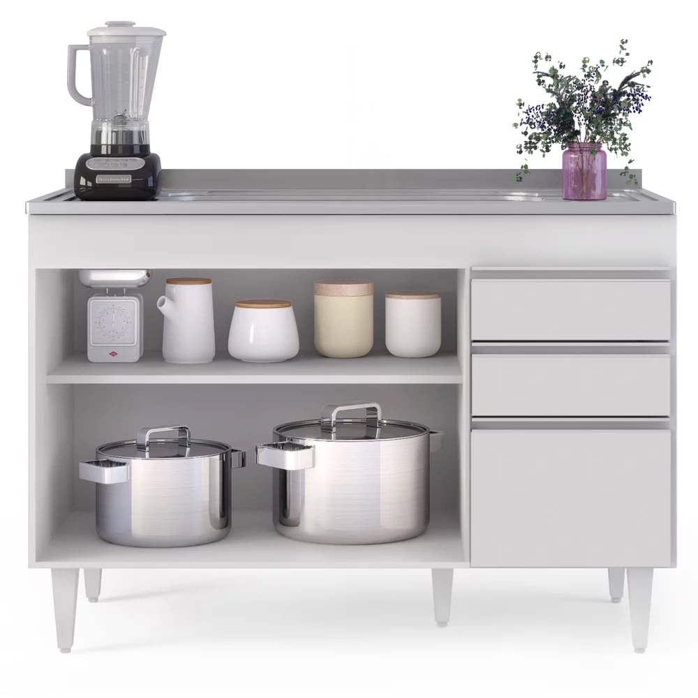 Armário de Cozinha Modulado de Canto 7 Peças CP21 com Pia Inox Branco - Lumil