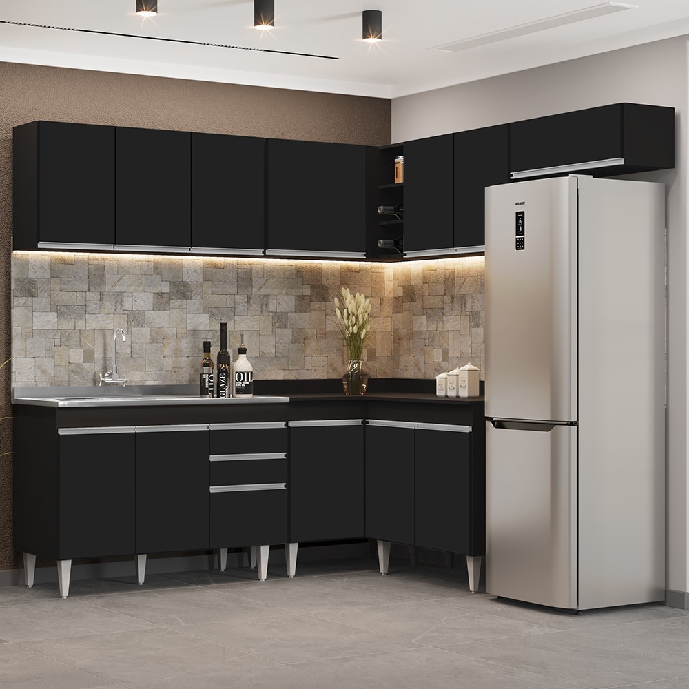 Armário de Cozinha Modulado de Canto 7 Peças CP21 com Pia Inox Preto - Lumil