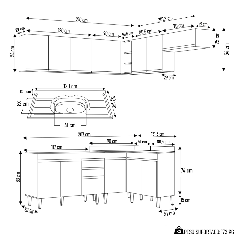 Armário de Cozinha Modulado de Canto 7 Peças CP21 com Pia Inox Preto - Lumil