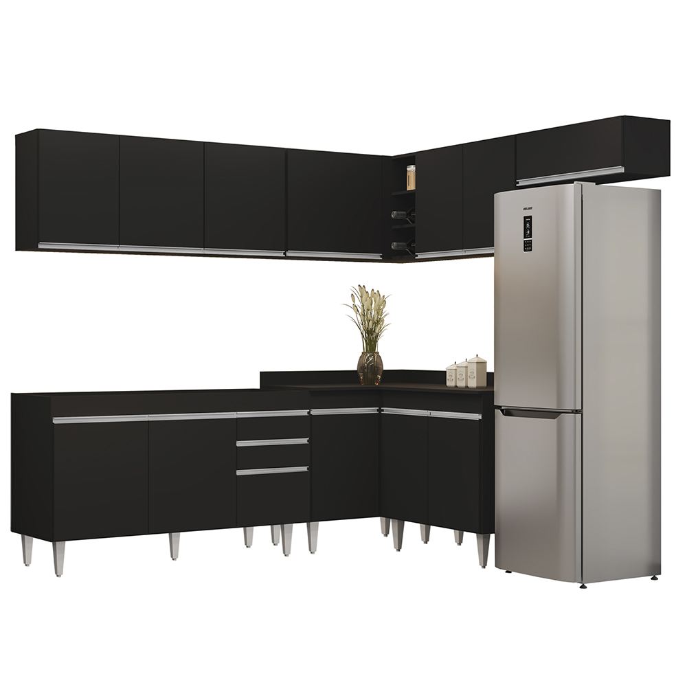 Armário de Cozinha Modulado de Canto 7 Peças CP22 Balcão sem Tampo Preto - Lumil
