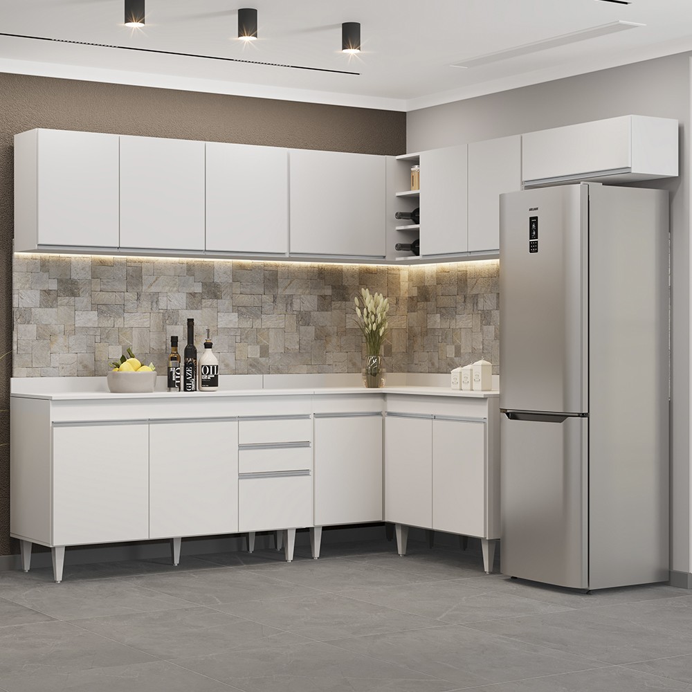 Armário de Cozinha Modulado de Canto 7 Peças CP23 Balcão com Tampo Branco - Lumil