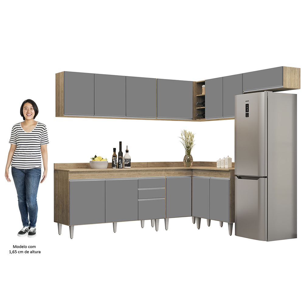 Armário de Cozinha Modulado de Canto 7 Peças CP23 Balcão com Tampo Castanho/Cinza - Lumil