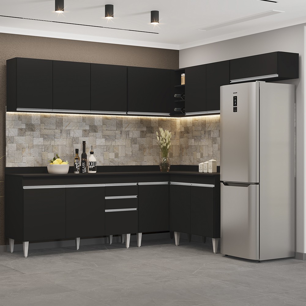 Armário de Cozinha Modulado de Canto 7 Peças CP23 Balcão com Tampo Preto - Lumil