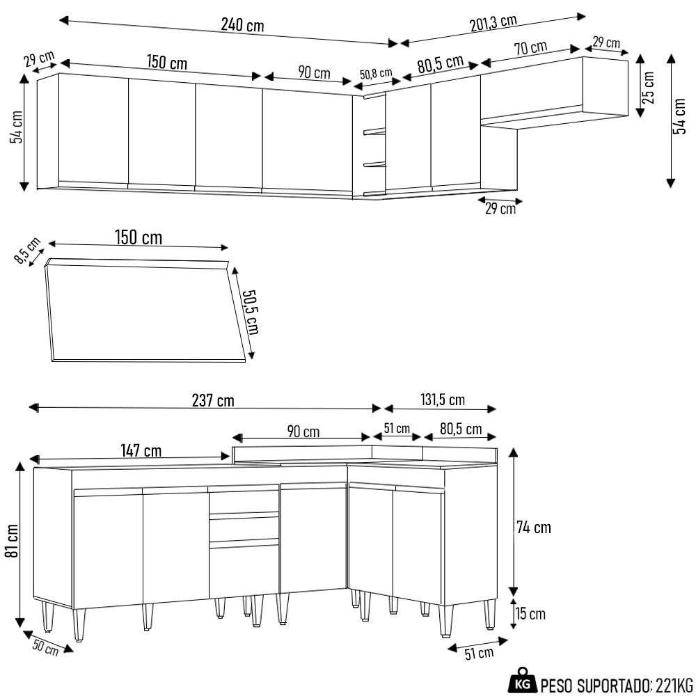 Armário de Cozinha Modulado de Canto 7 Peças CP23 Balcão com Tampo Preto - Lumil