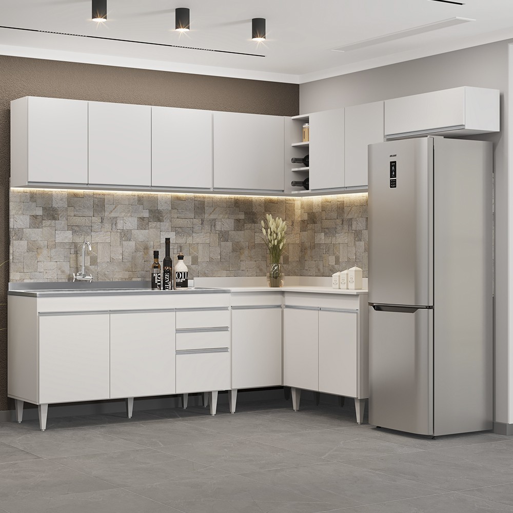 Armário de Cozinha Modulado de Canto 7 Peças CP24 com Pia Inox Branco - Lumil