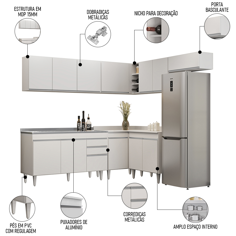 Armário de Cozinha Modulado de Canto 7 Peças CP24 com Pia Inox Branco - Lumil