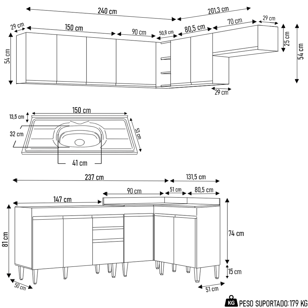 Armário de Cozinha Modulado de Canto 7 Peças CP24 com Pia Inox Preto - Lumil