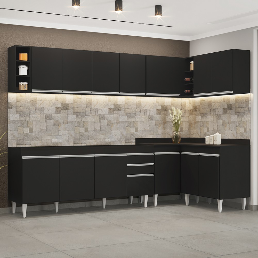 Armário de Cozinha Modulado de Canto 7 Peças CP34 Balcão sem Tampo Preto - Lumil