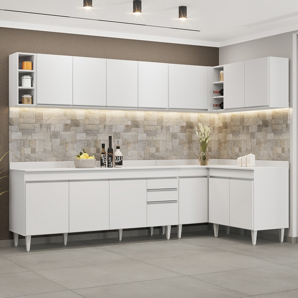 Armário de Cozinha Modulado de Canto 7 Peças CP35 Balcão com Tampo Branco - Lumil