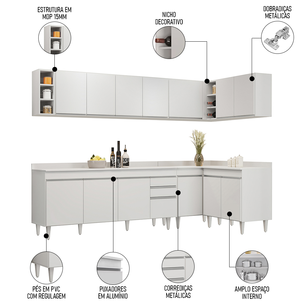 Armário de Cozinha Modulado de Canto 7 Peças CP35 Balcão com Tampo Branco - Lumil
