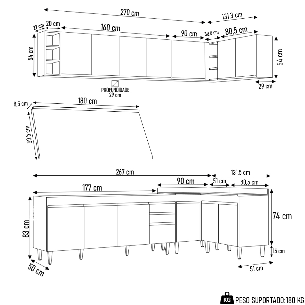 Armário de Cozinha Modulado de Canto 7 Peças CP35 Balcão com Tampo Branco - Lumil