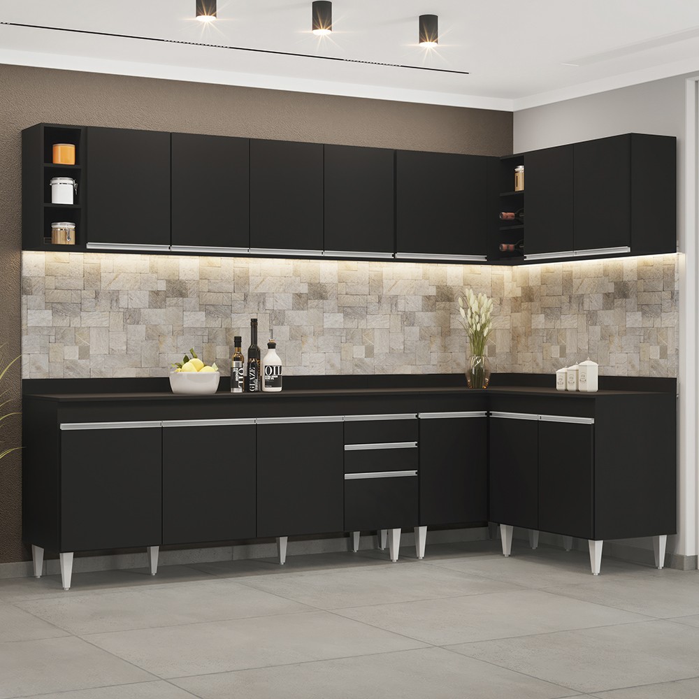 Armário de Cozinha Modulado de Canto 7 Peças CP35 Balcão com Tampo Preto - Lumil