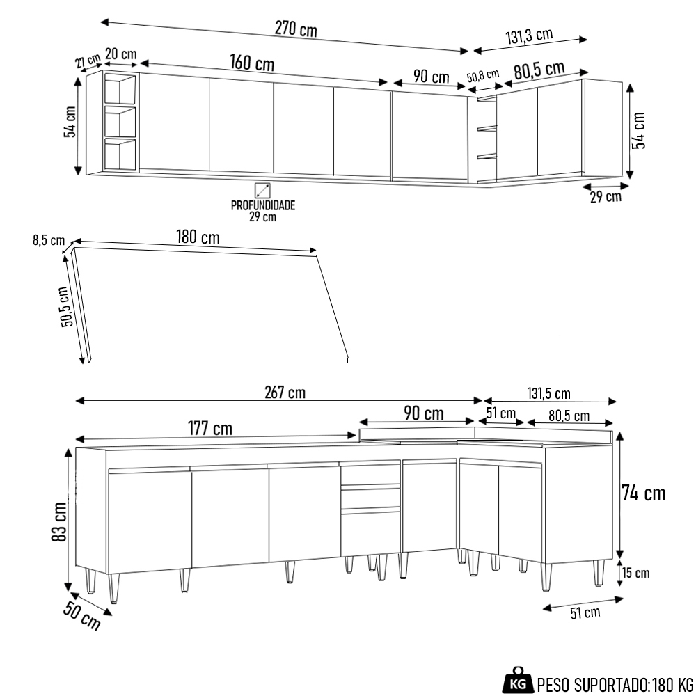 Armário de Cozinha Modulado de Canto 7 Peças CP35 Balcão com Tampo Preto - Lumil