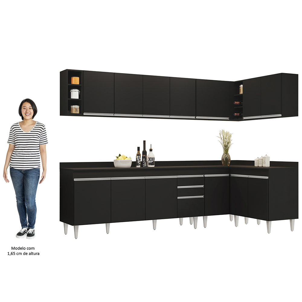 Armário de Cozinha Modulado de Canto 7 Peças CP35 Balcão com Tampo Preto - Lumil