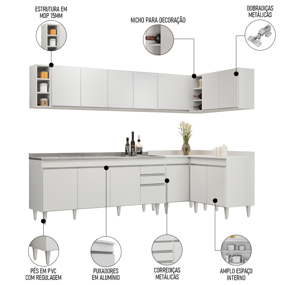 Armário de Cozinha Modulado de Canto 7 Peças CP36 com Pia Inox Branco - Lumil