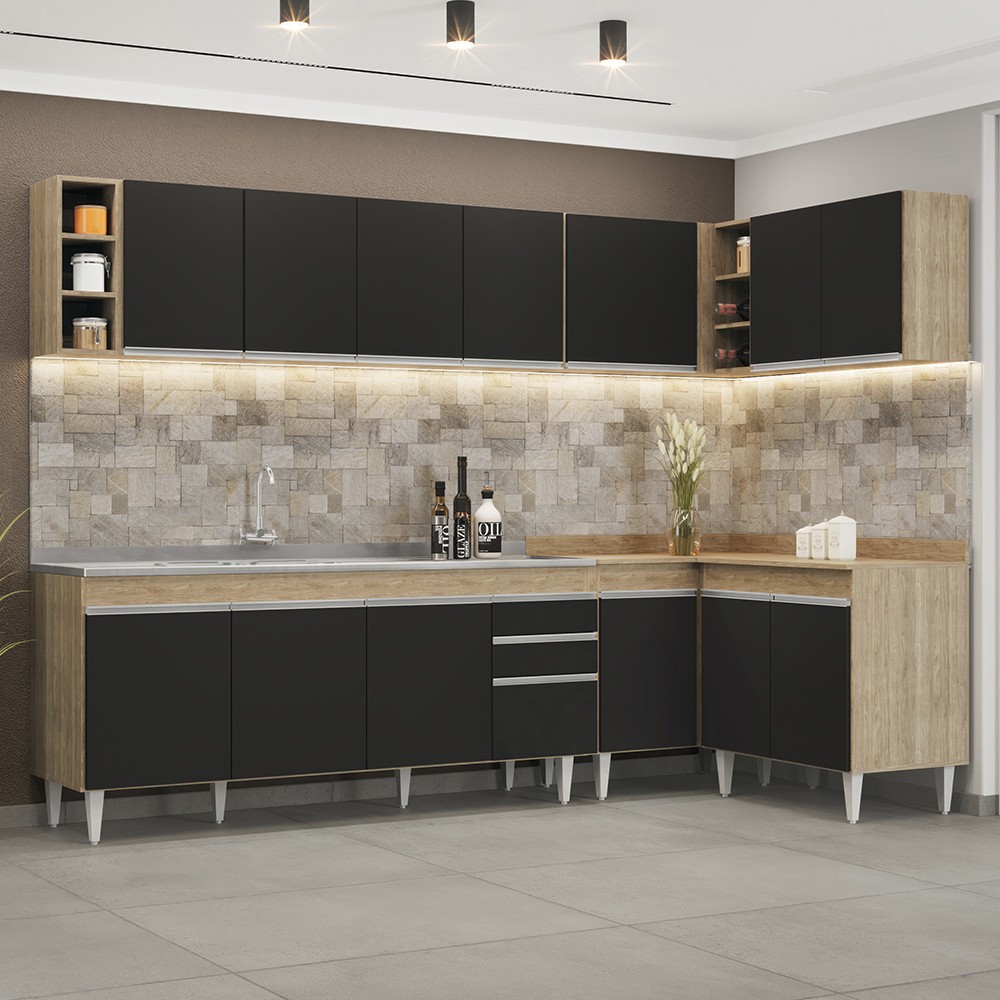 Armário de Cozinha Modulado de Canto 7 Peças CP36 com Pia Inox Castanho/Preto - Lumil
