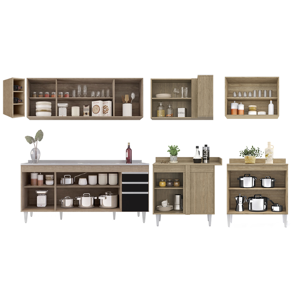 Armário de Cozinha Modulado de Canto 7 Peças CP36 com Pia Inox Castanho/Preto - Lumil