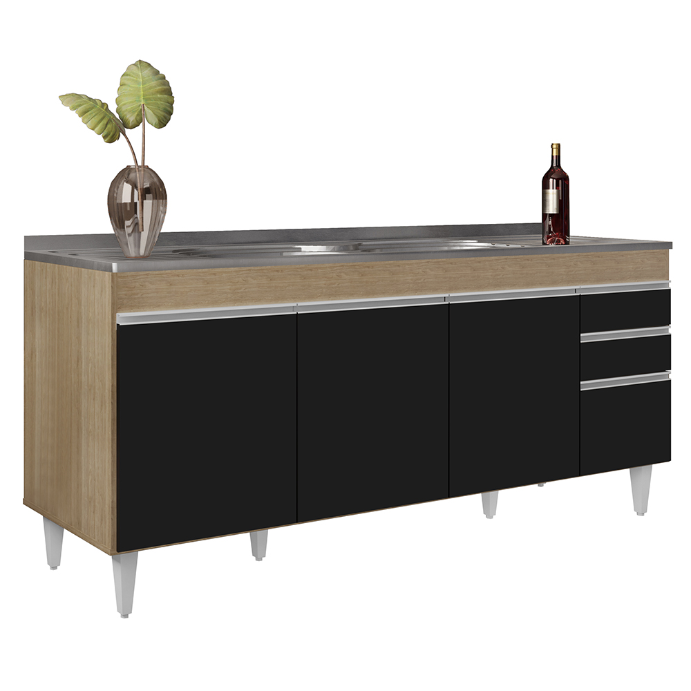 Armário de Cozinha Modulado de Canto 7 Peças CP36 com Pia Inox Castanho/Preto - Lumil