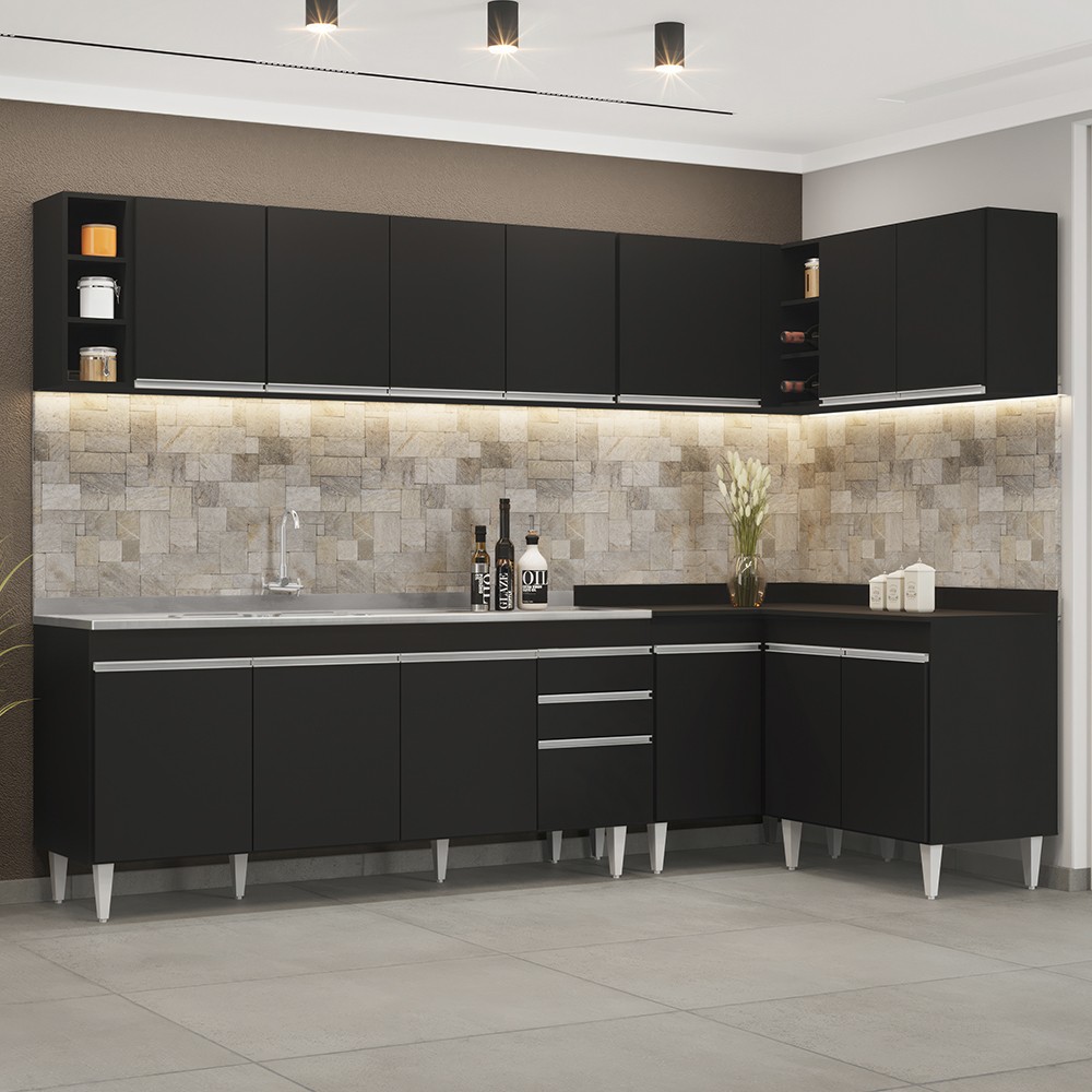 Armário de Cozinha Modulado de Canto 7 Peças CP36 com Pia Inox Preto - Lumil