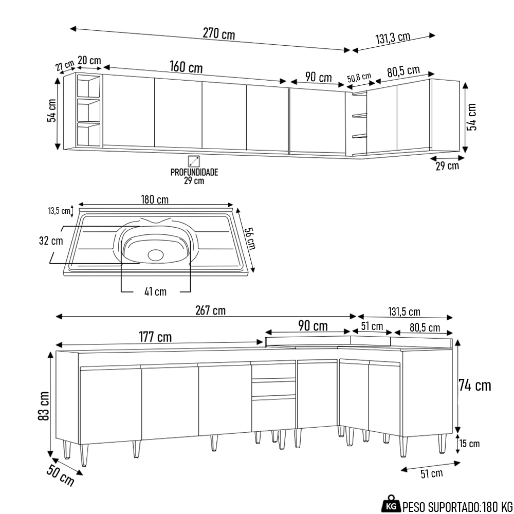 Armário de Cozinha Modulado de Canto 7 Peças CP36 com Pia Inox Preto - Lumil