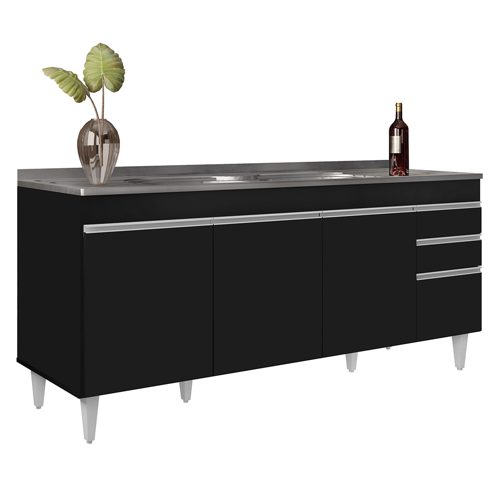 Armário de Cozinha Modulado de Canto 7 Peças CP36 com Pia Inox Preto - Lumil