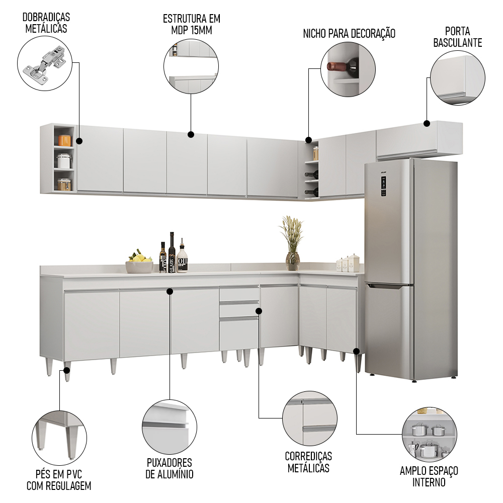 Armário de Cozinha Modulado de Canto 8 Peças CP25 Balcão sem Tampo Branco - Lumil