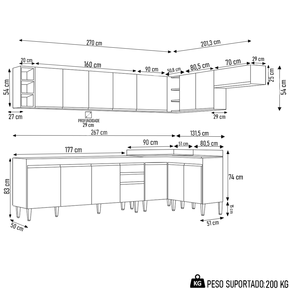 Armário de Cozinha Modulado de Canto 8 Peças CP25 Balcão sem Tampo Branco - Lumil