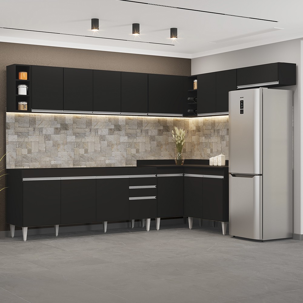 Armário de Cozinha Modulado de Canto 8 Peças CP25 Balcão sem Tampo Preto - Lumil