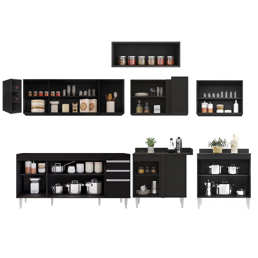 Armário de Cozinha Modulado de Canto 8 Peças CP25 Balcão sem Tampo Preto - Lumil