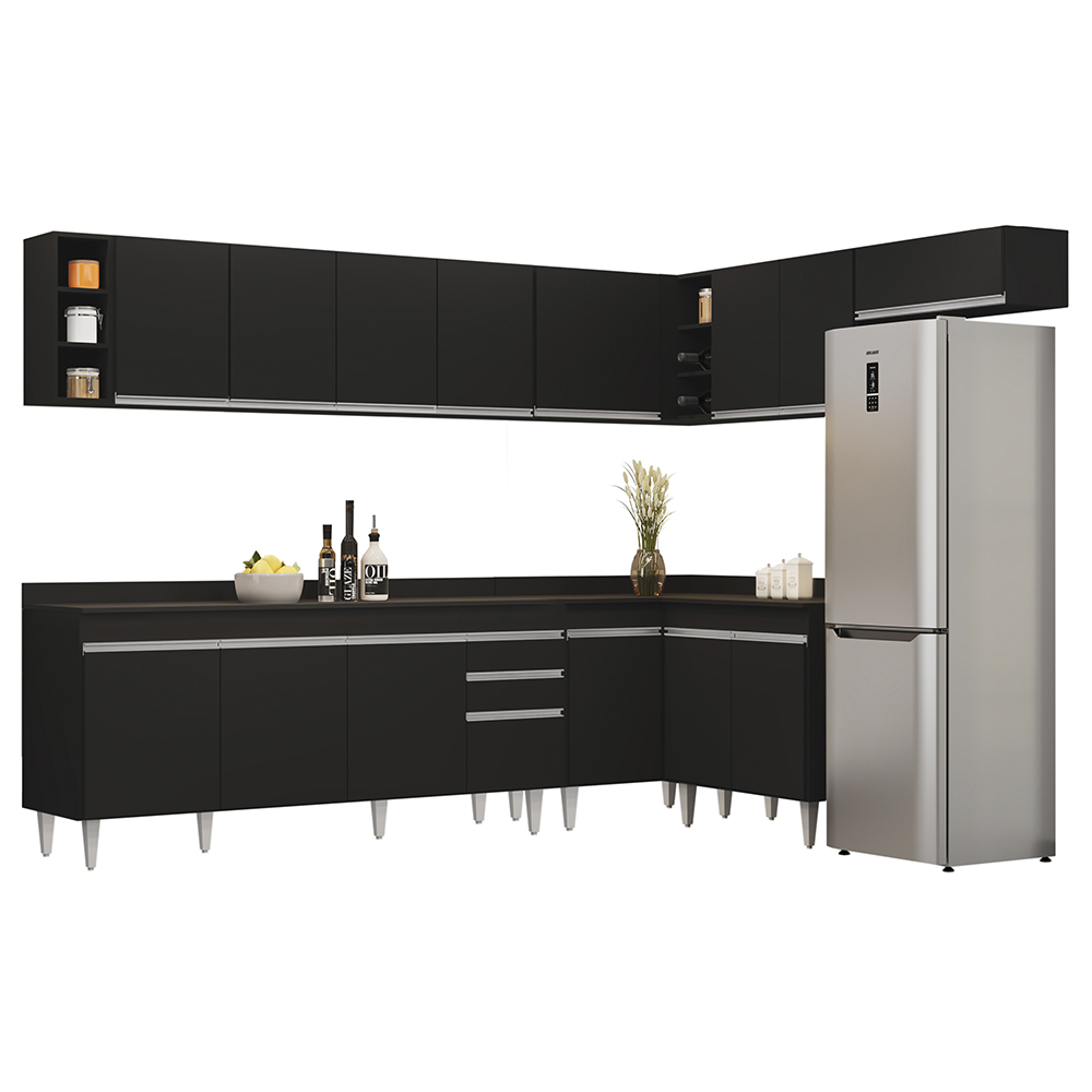 Armário de Cozinha Modulado de Canto 8 Peças CP26 Balcão com Tampo Preto - Lumil