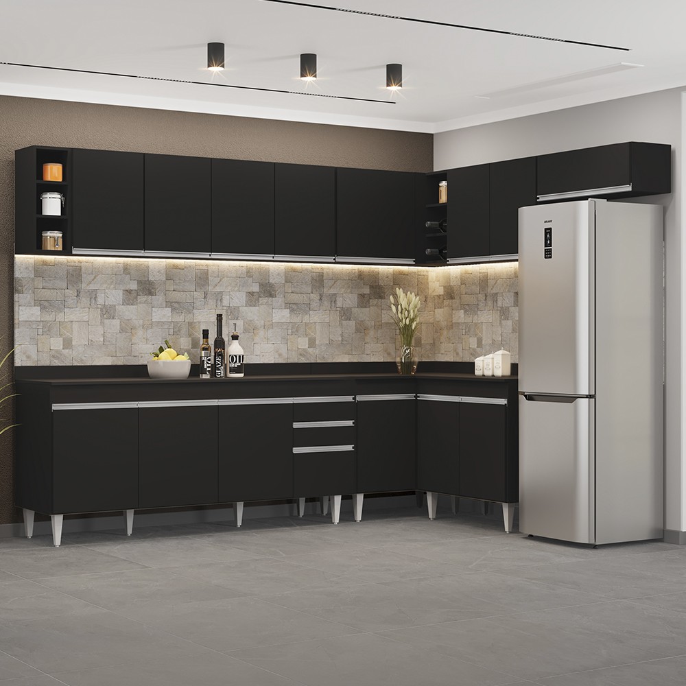 Armário de Cozinha Modulado de Canto 8 Peças CP26 Balcão com Tampo Preto - Lumil