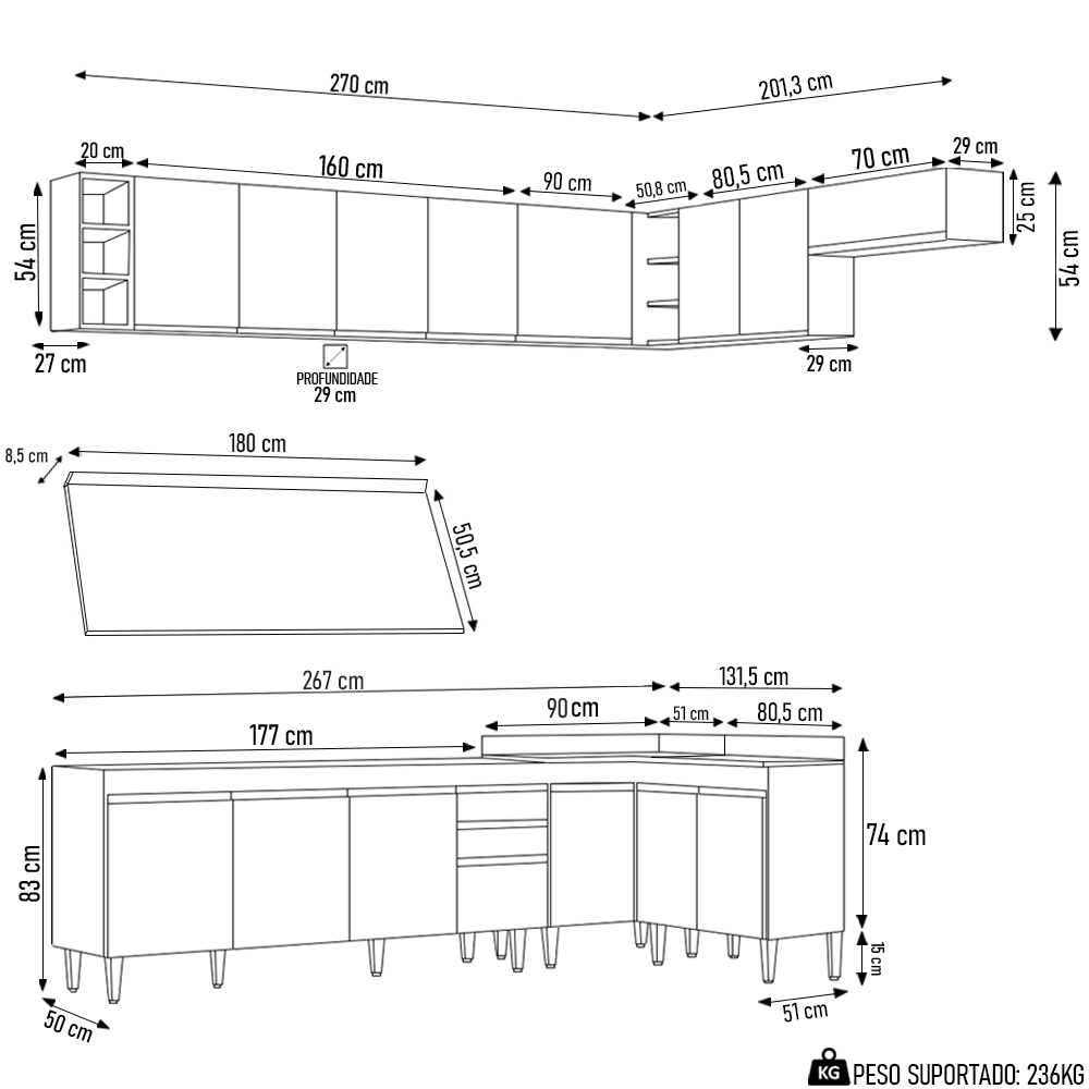 Armário de Cozinha Modulado de Canto 8 Peças CP26 Balcão com Tampo Preto - Lumil