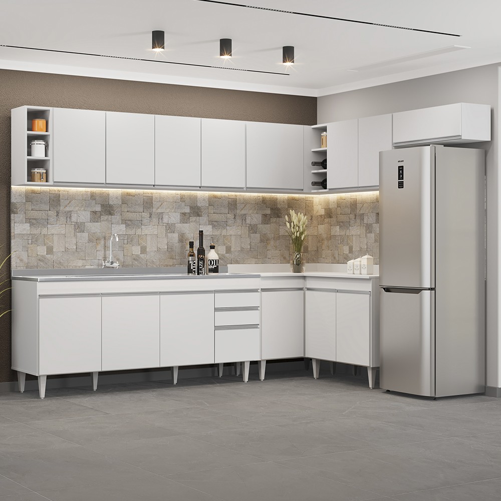Armário de Cozinha Modulado de Canto 8 Peças CP27 com Pia Inox Branco - Lumil
