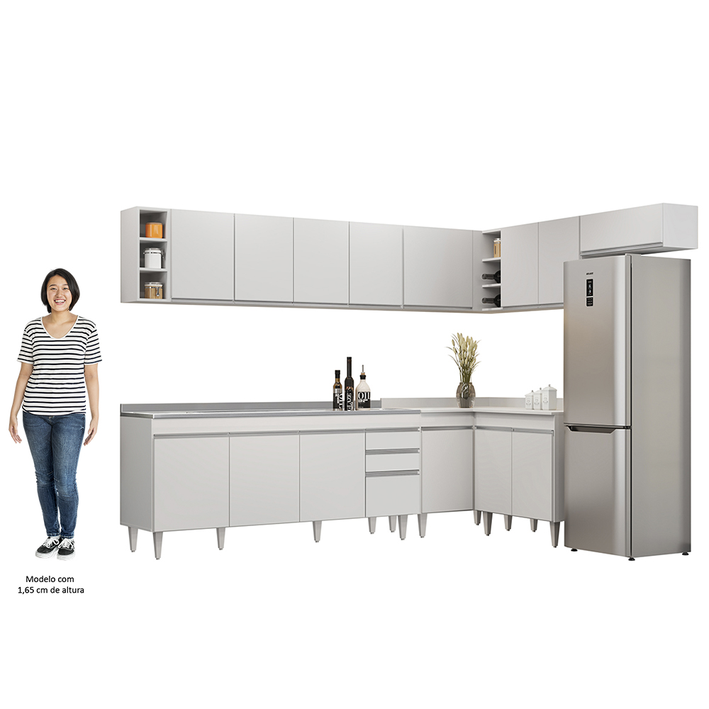 Armário de Cozinha Modulado de Canto 8 Peças CP27 com Pia Inox Branco - Lumil