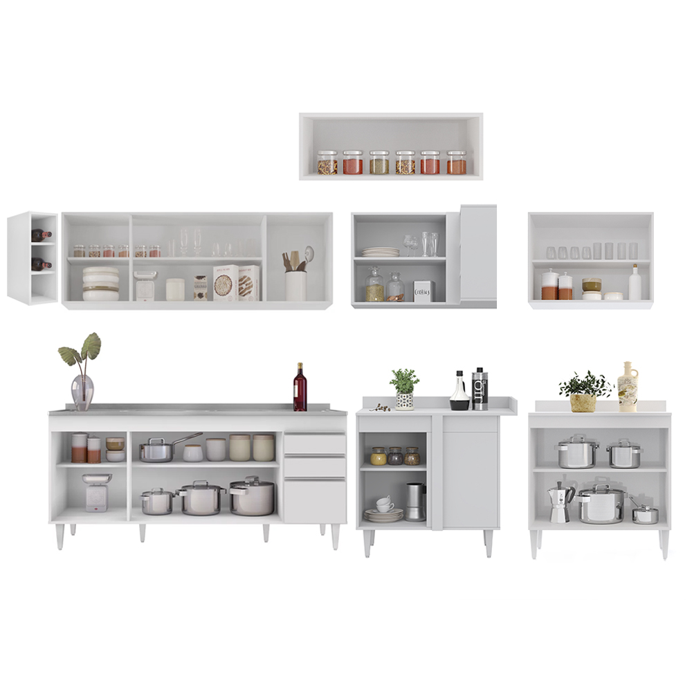 Armário de Cozinha Modulado de Canto 8 Peças CP27 com Pia Inox Branco - Lumil