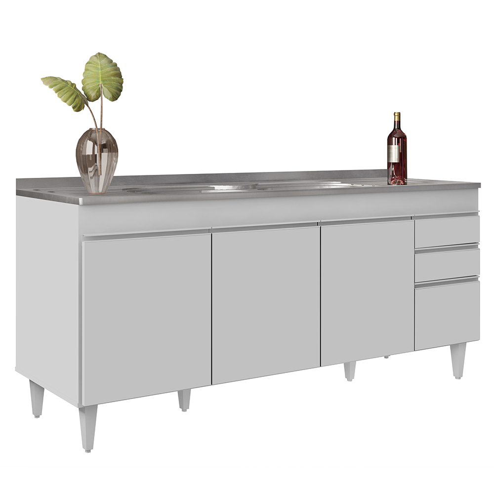 Armário de Cozinha Modulado de Canto 8 Peças CP27 com Pia Inox Branco - Lumil