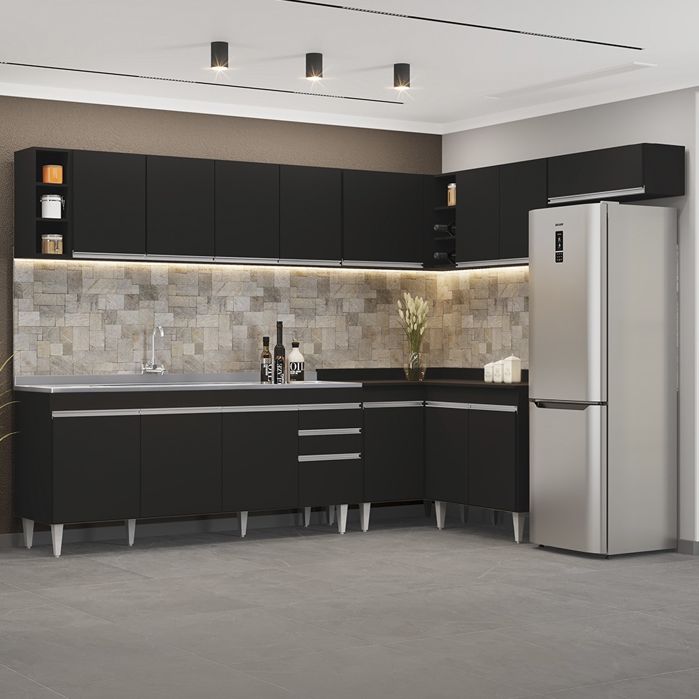 Armário de Cozinha Modulado de Canto 8 Peças CP27 com Pia Inox Preto - Lumil