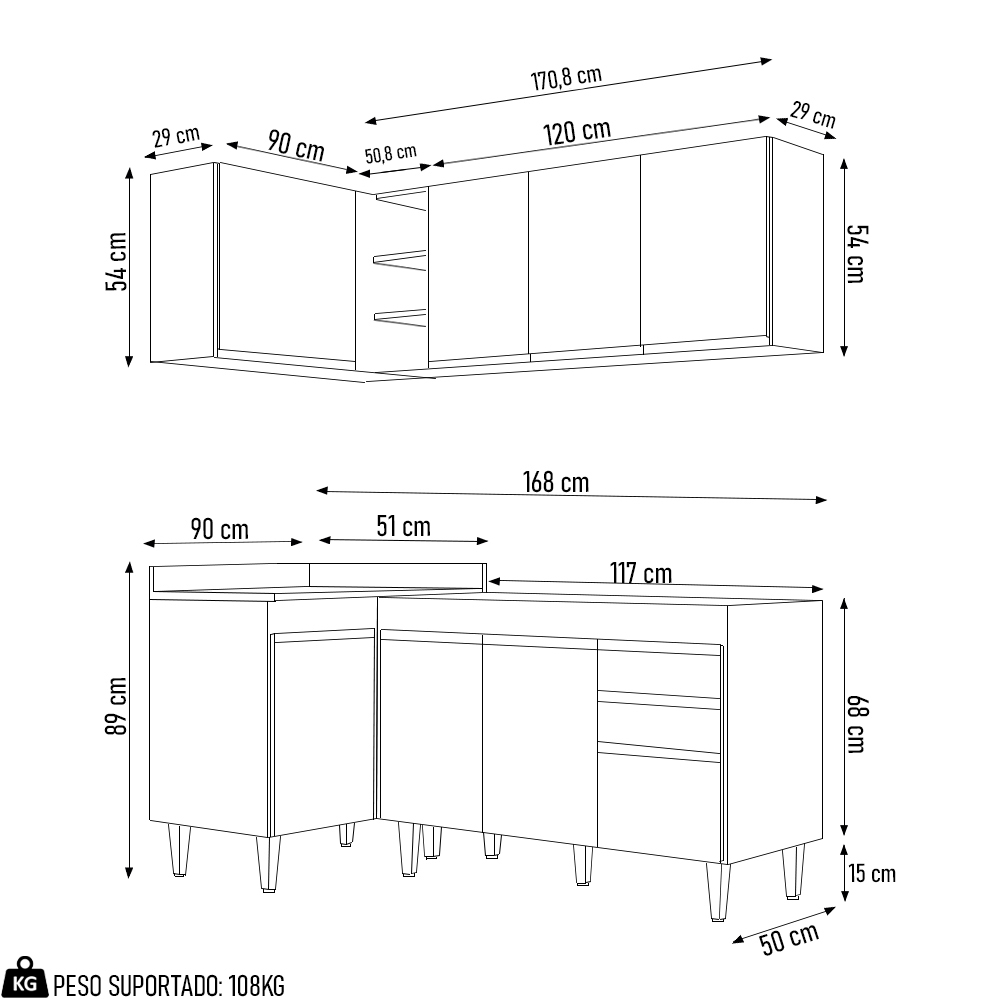 Armário de Cozinha Modulado de Canto Direito 4 Peças CP37 Balcão sem Tampo Branco - Lumil