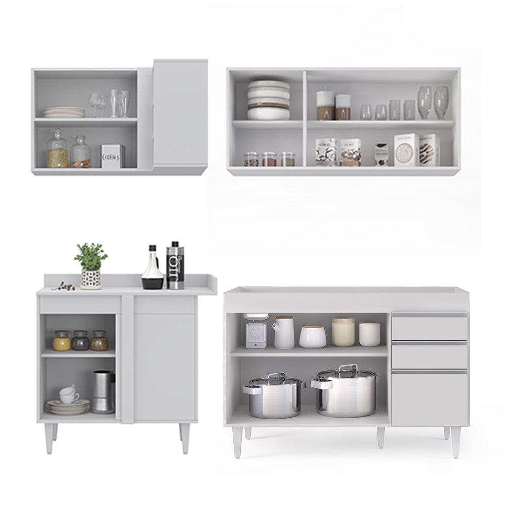 Armário de Cozinha Modulado de Canto Direito 4 Peças CP37 Balcão sem Tampo Branco - Lumil