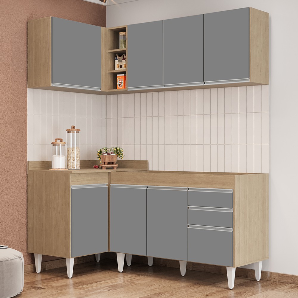 Armário de Cozinha Modulado de Canto Direito 4 Peças CP37 Balcão sem Tampo Castanho/Cinza - Lumil