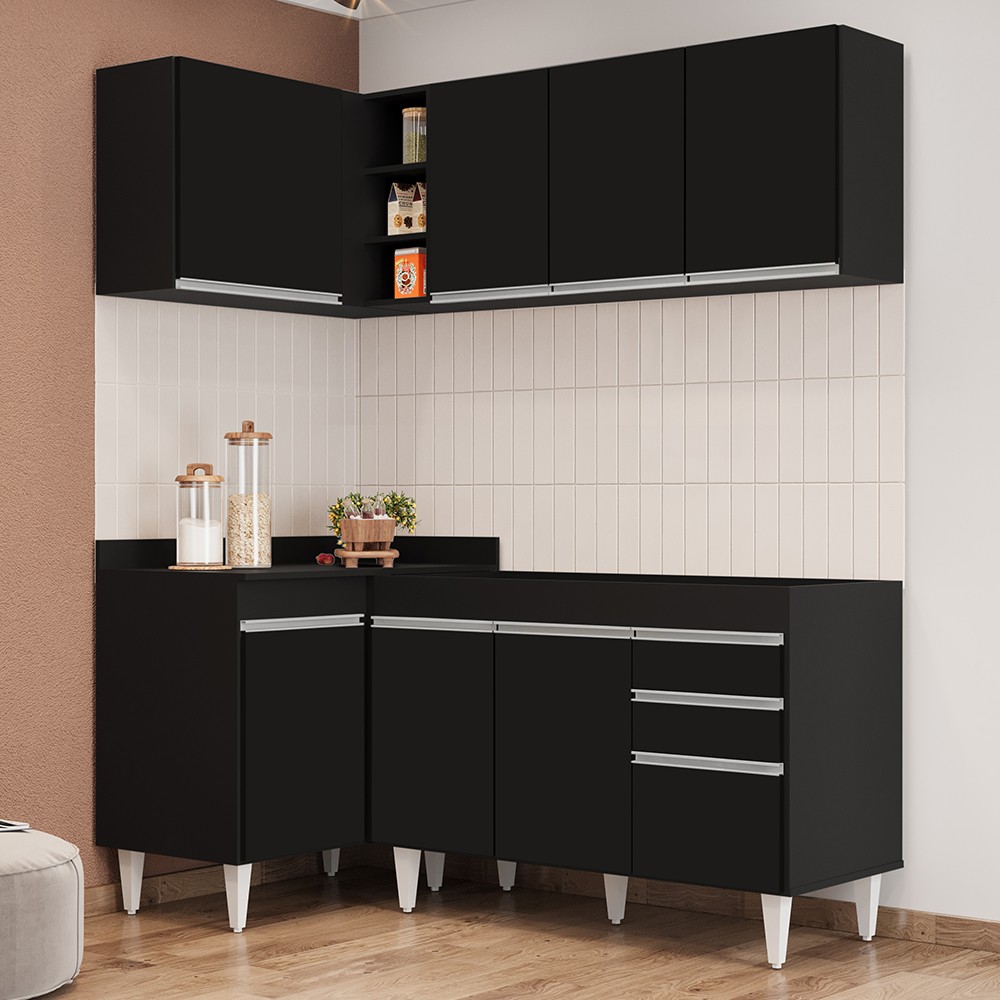 Armário de Cozinha Modulado de Canto Direito 4 Peças CP37 Balcão sem Tampo Preto - Lumil