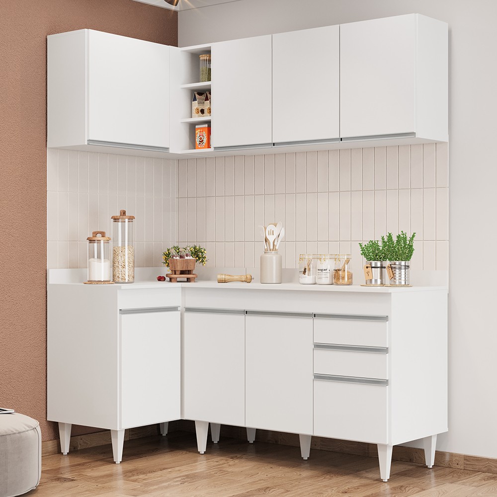 Armário de Cozinha Modulado de Canto Direito 4 Peças CP38 Balcão com Tampo Branco - Lumil