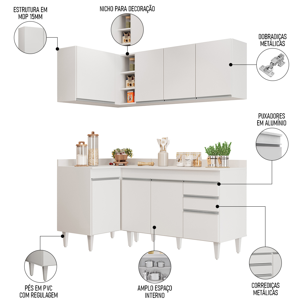 Armário de Cozinha Modulado de Canto Direito 4 Peças CP38 Balcão com Tampo Branco - Lumil