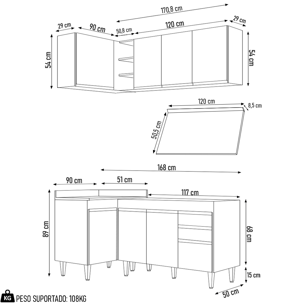 Armário de Cozinha Modulado de Canto Direito 4 Peças CP38 Balcão com Tampo Branco - Lumil